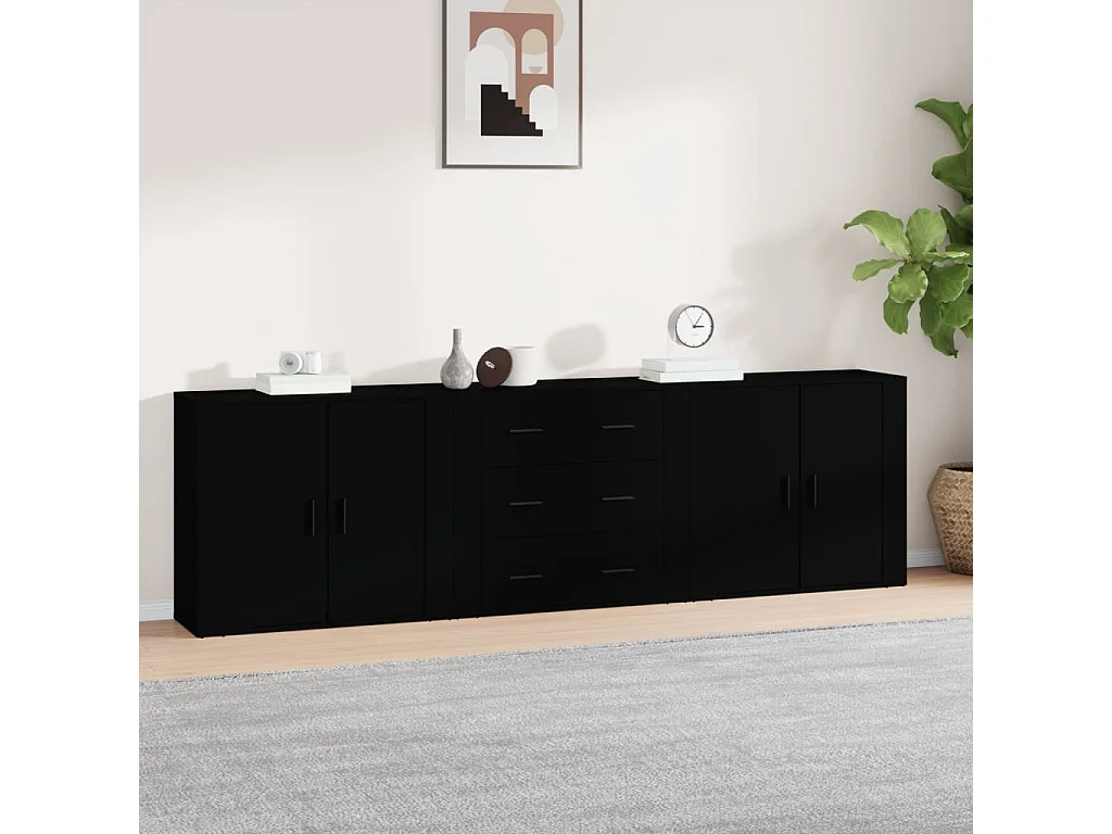 3-delige zwarte bewerkte houten dressoirs