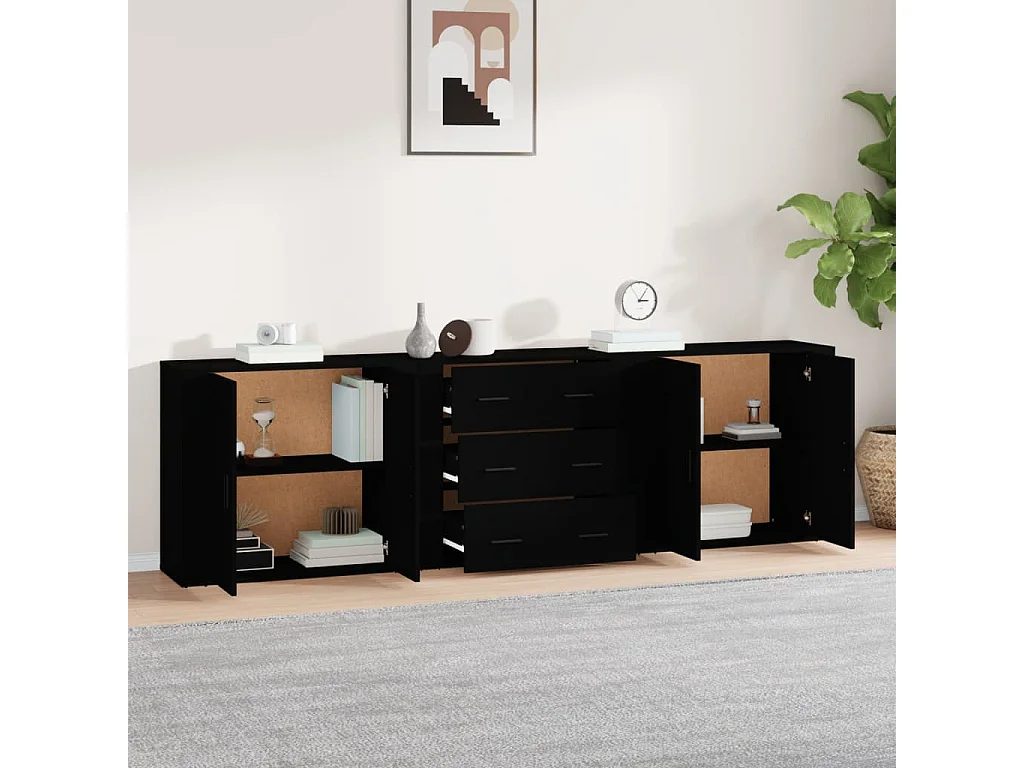 3-delige zwarte bewerkte houten dressoirs