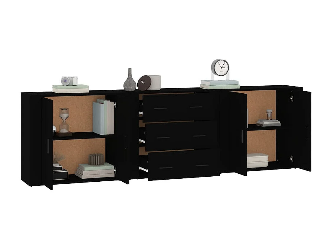 3-delige zwarte bewerkte houten dressoirs