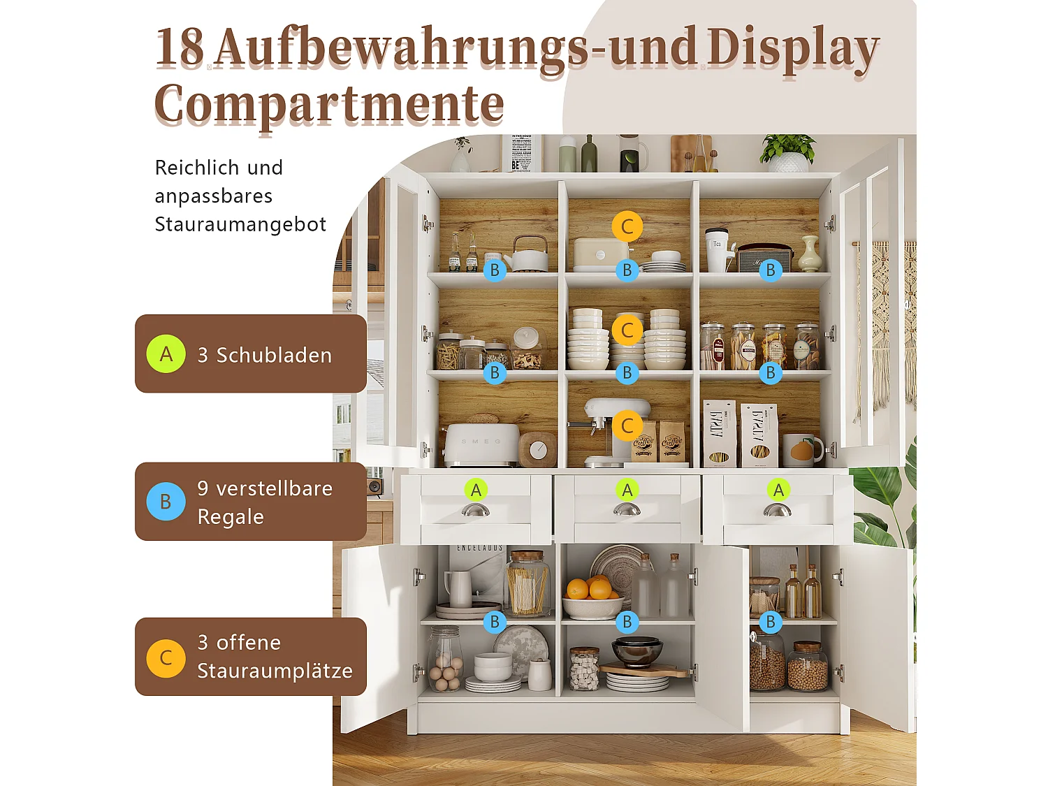 Mueble alto moderno para salón, diseño minimalista, MDF y acrílico, color blanco (140x38,5x175cm)