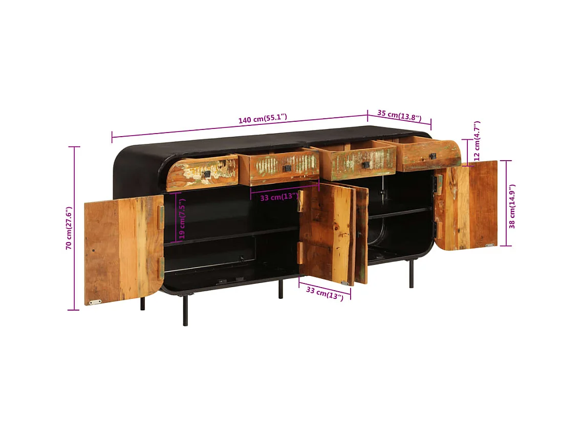 Buffet 140x35x70 cm bois massif de récupération et métal