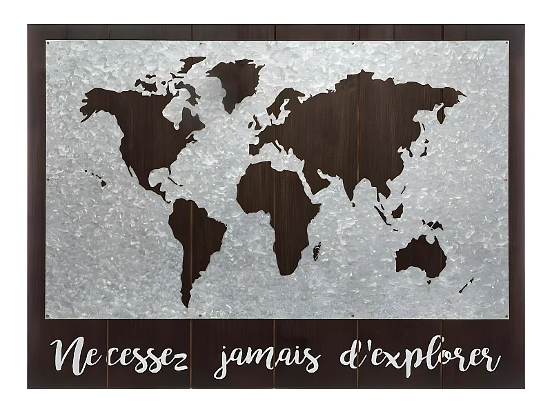 Décoration murale en Bois et Zinc Carte du Monde 78 x 58 cm