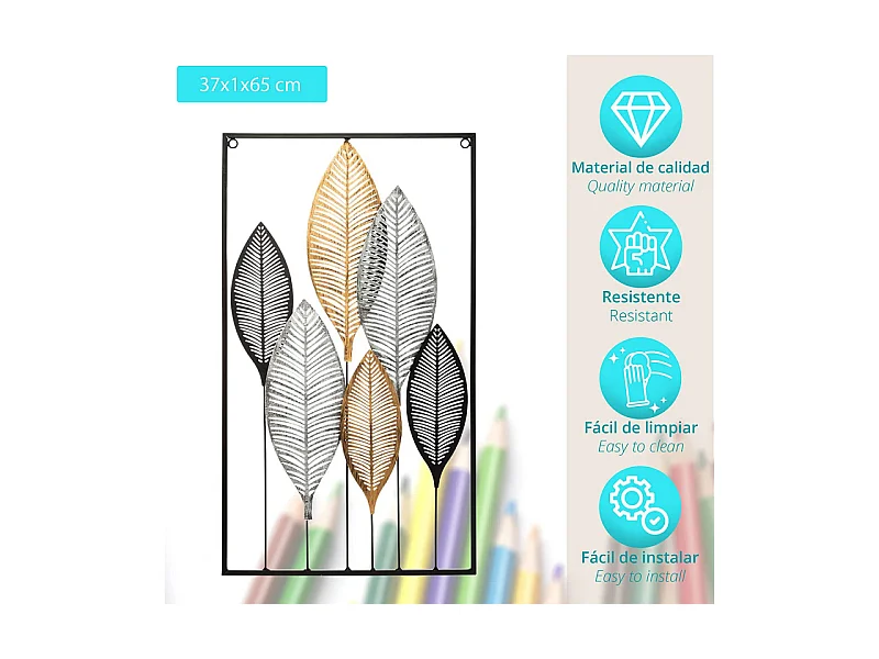 Décoration murale en métal Feuilles Noires et Dorées 37 x 65 cm