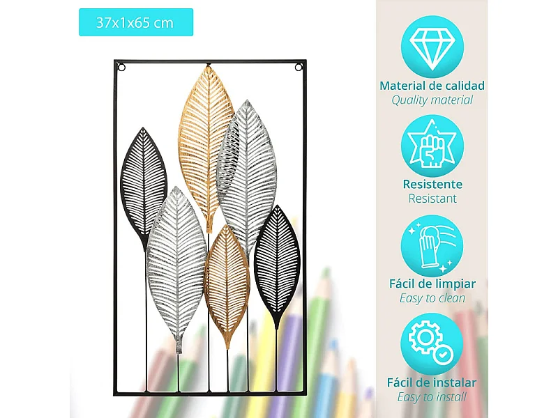 Décoration murale en métal Feuilles Noires et Dorées 37 x 65 cm