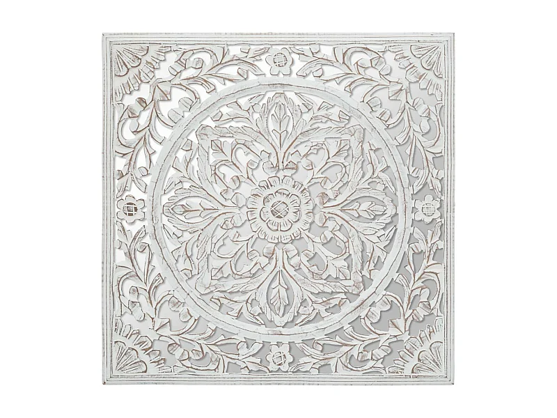 Décoration murale en Bois Blanc sculpté aspect vieilli avec Miroir 58 x 58 cm