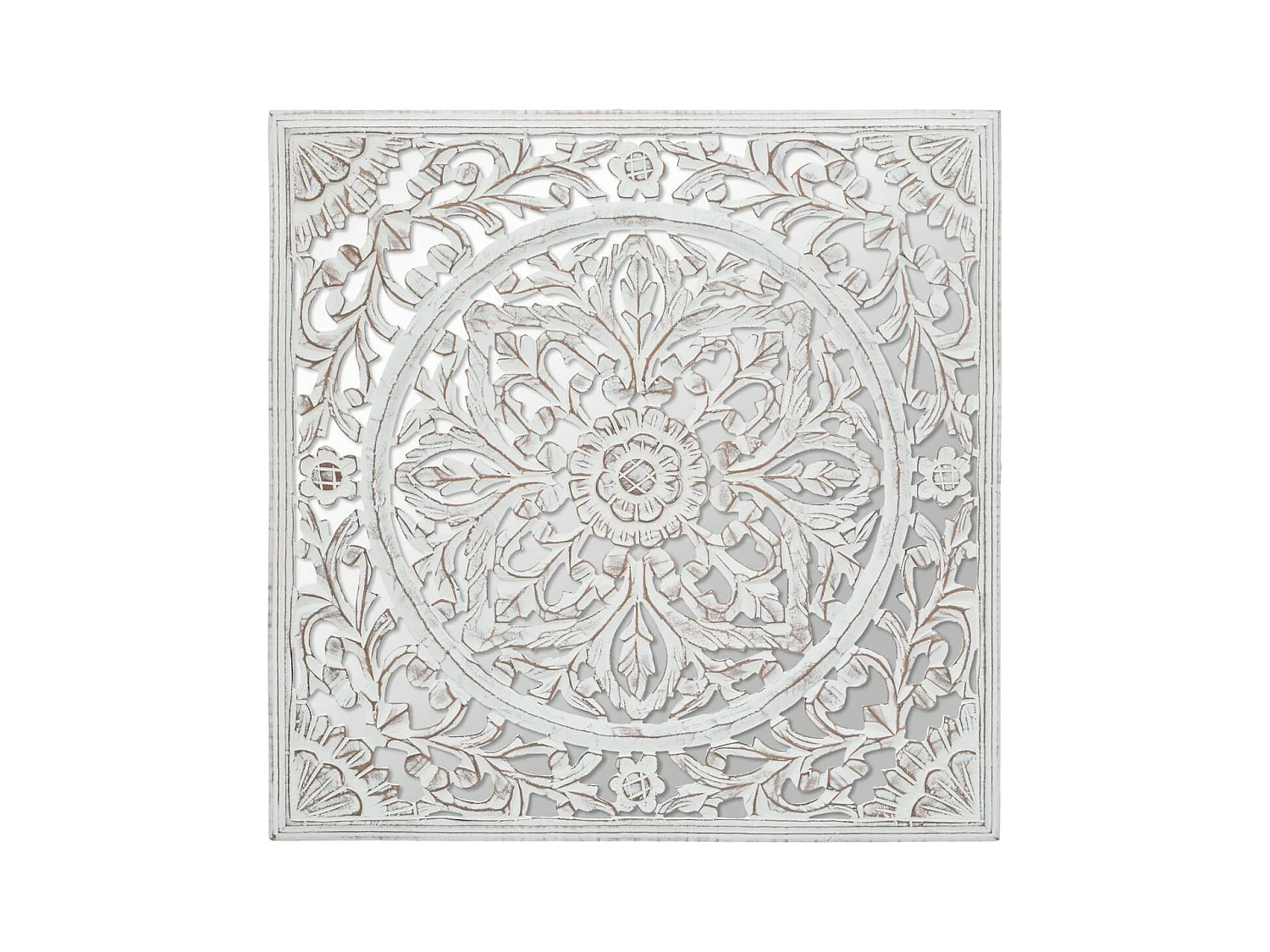 Décoration murale en Bois Blanc sculpté aspect vieilli avec Miroir 58 x 58 cm