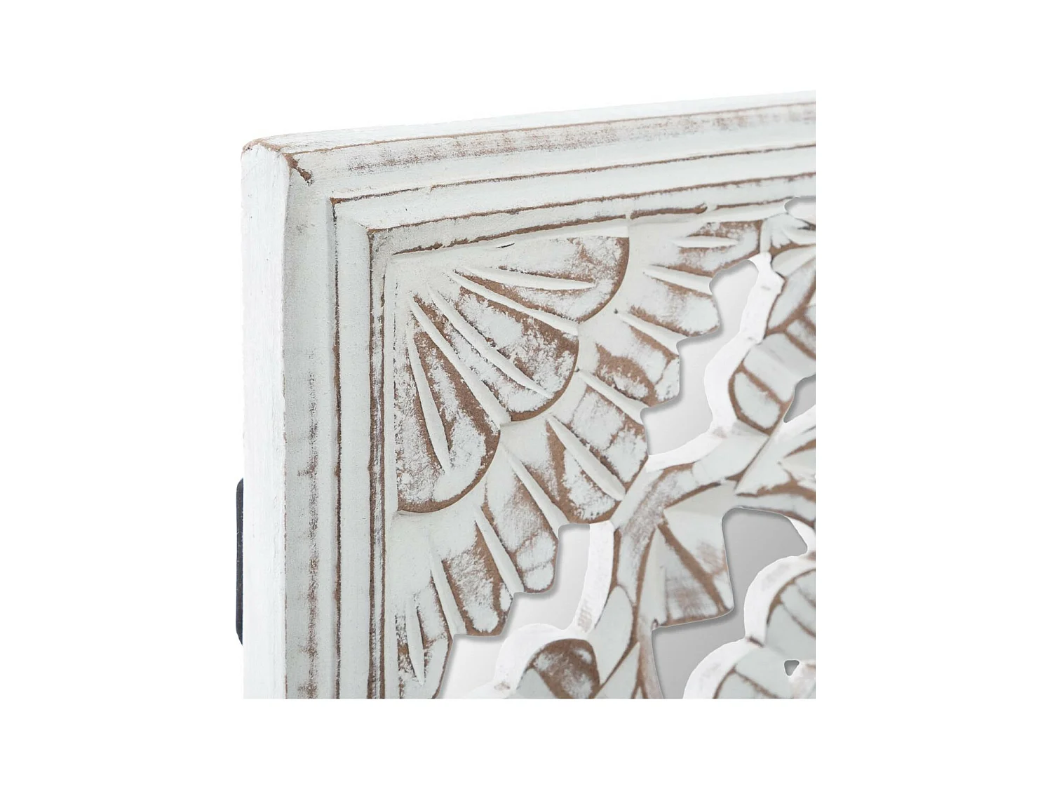Décoration murale en Bois Blanc sculpté aspect vieilli avec Miroir 58 x 58 cm