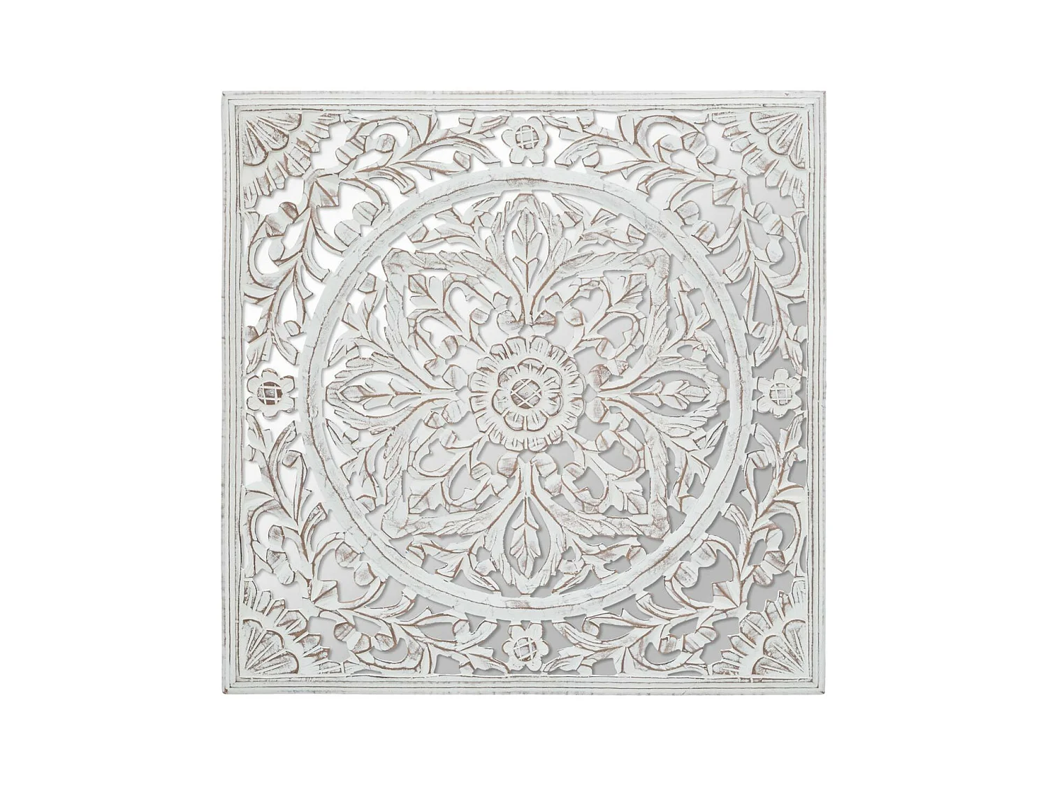 Décoration murale en Bois Blanc sculpté aspect vieilli avec Miroir 58 x 58 cm