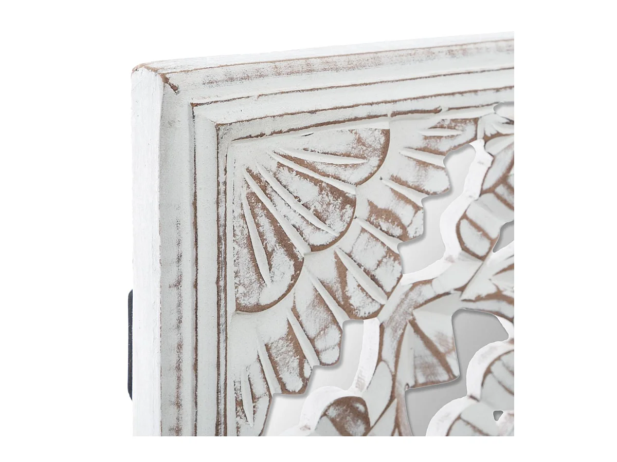 Décoration murale en Bois Blanc sculpté aspect vieilli avec Miroir 58 x 58 cm