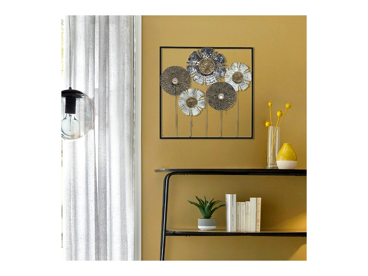 Décoration murale Fleurs en métal Noir et Or 50 x 50 cm