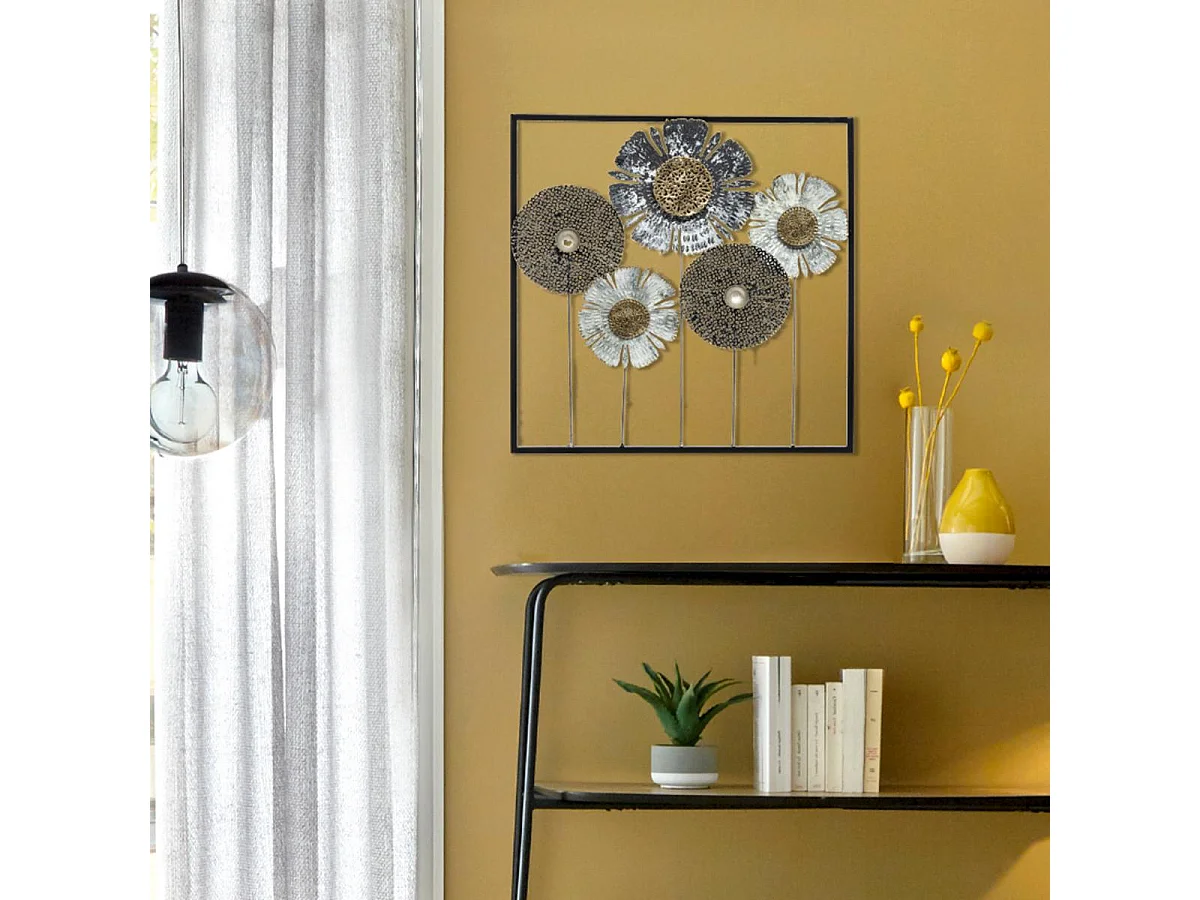 Décoration murale Fleurs en métal Noir et Or 50 x 50 cm