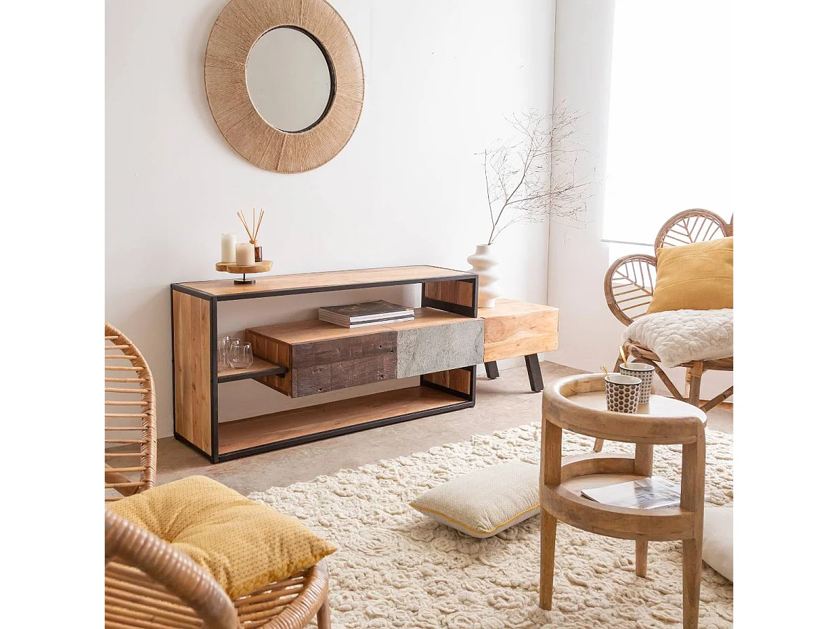 Mueble de TV de madera de acacia Ernest con almacenamiento y diseño minimalista