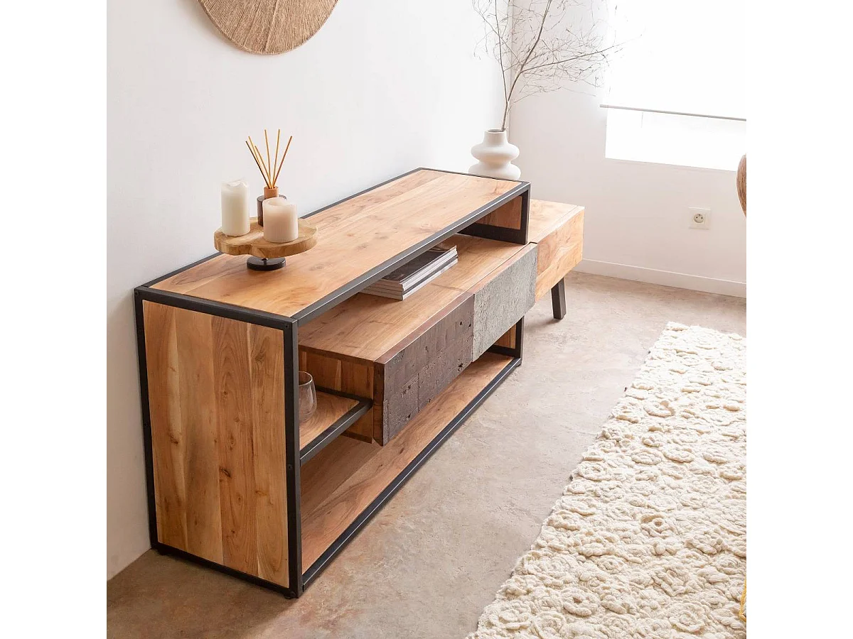 Mueble de TV de madera de acacia Ernest con almacenamiento y diseño minimalista