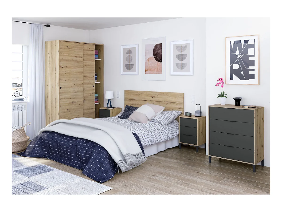 Commode, meuble de rangement coloris chêne nordique, gris anthracite - longueur 78 x hauteur 94  x profondeur 40 cm