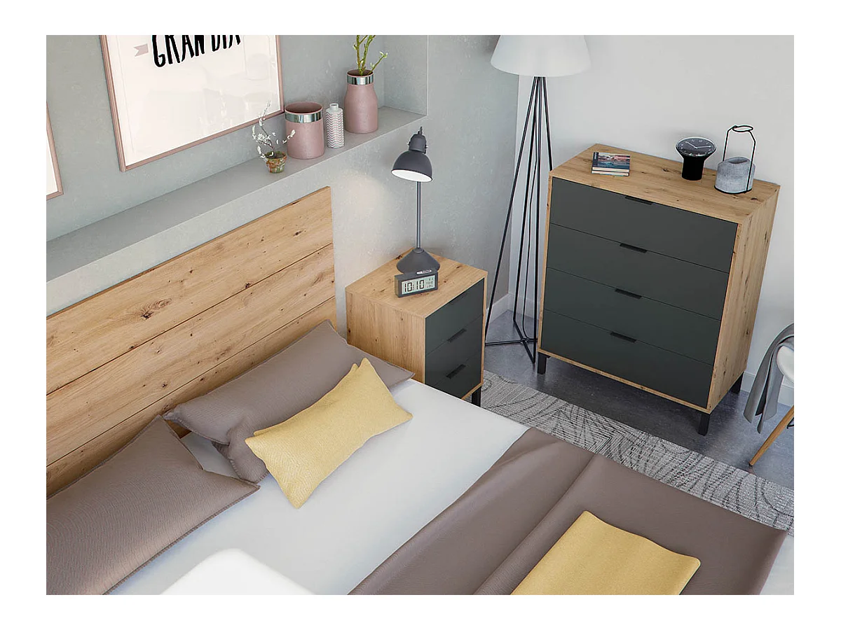 Commode, meuble de rangement coloris chêne nordique, gris anthracite - longueur 78 x hauteur 94  x profondeur 40 cm