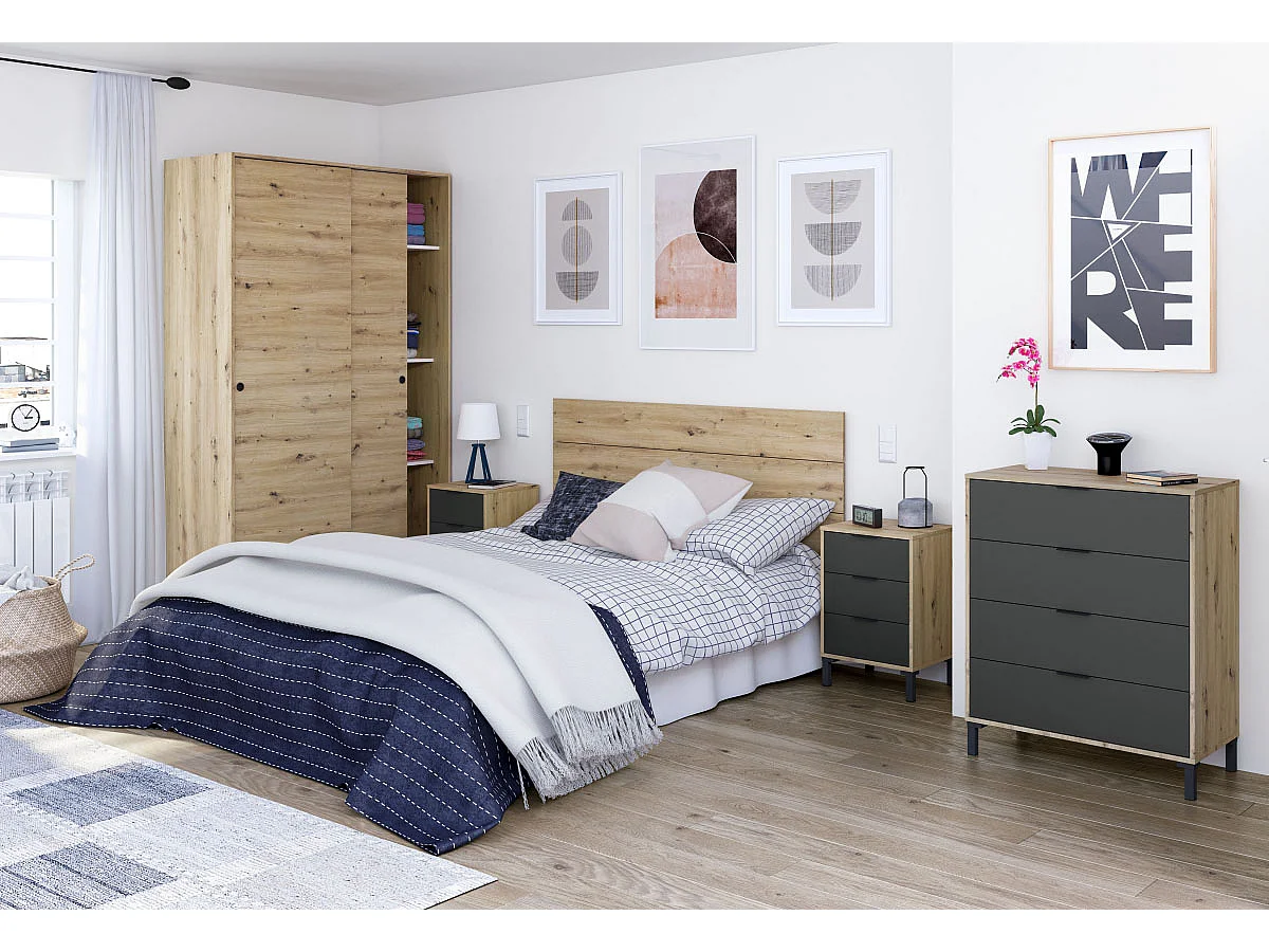 Commode, meuble de rangement coloris chêne nordique, gris anthracite - longueur 78 x hauteur 94  x profondeur 40 cm