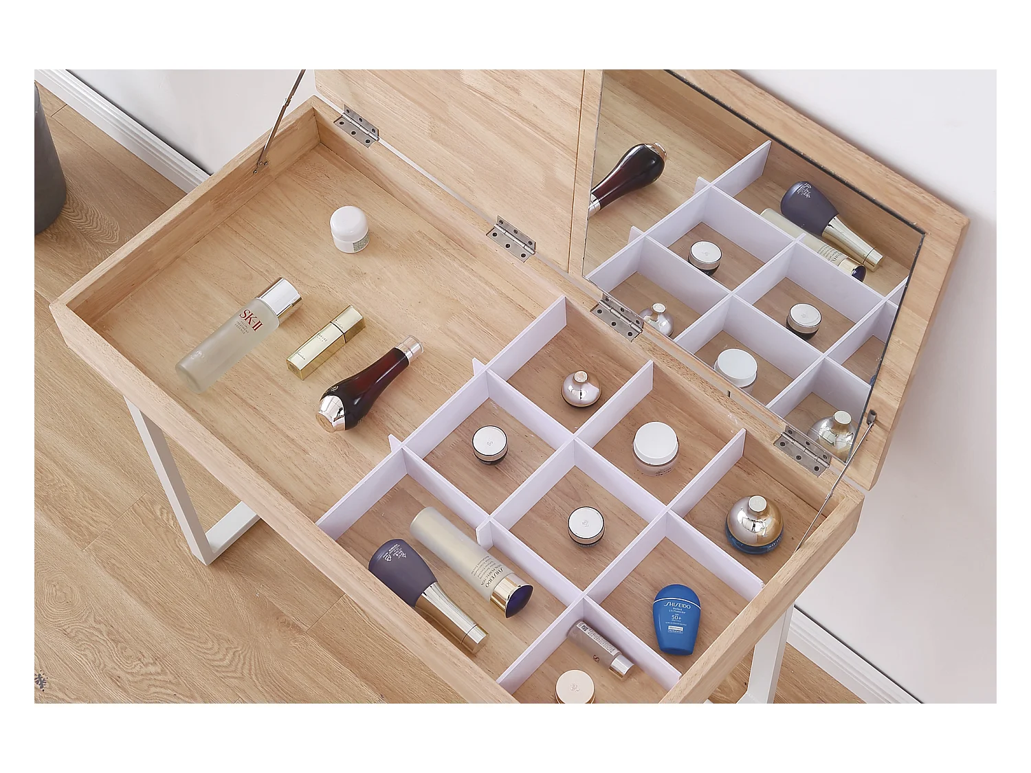 Commode coiffeuse avec miroir en bois et métal coloris naturel /blanc - longueur 100 x profondeur 50 x hauteur 76 cm