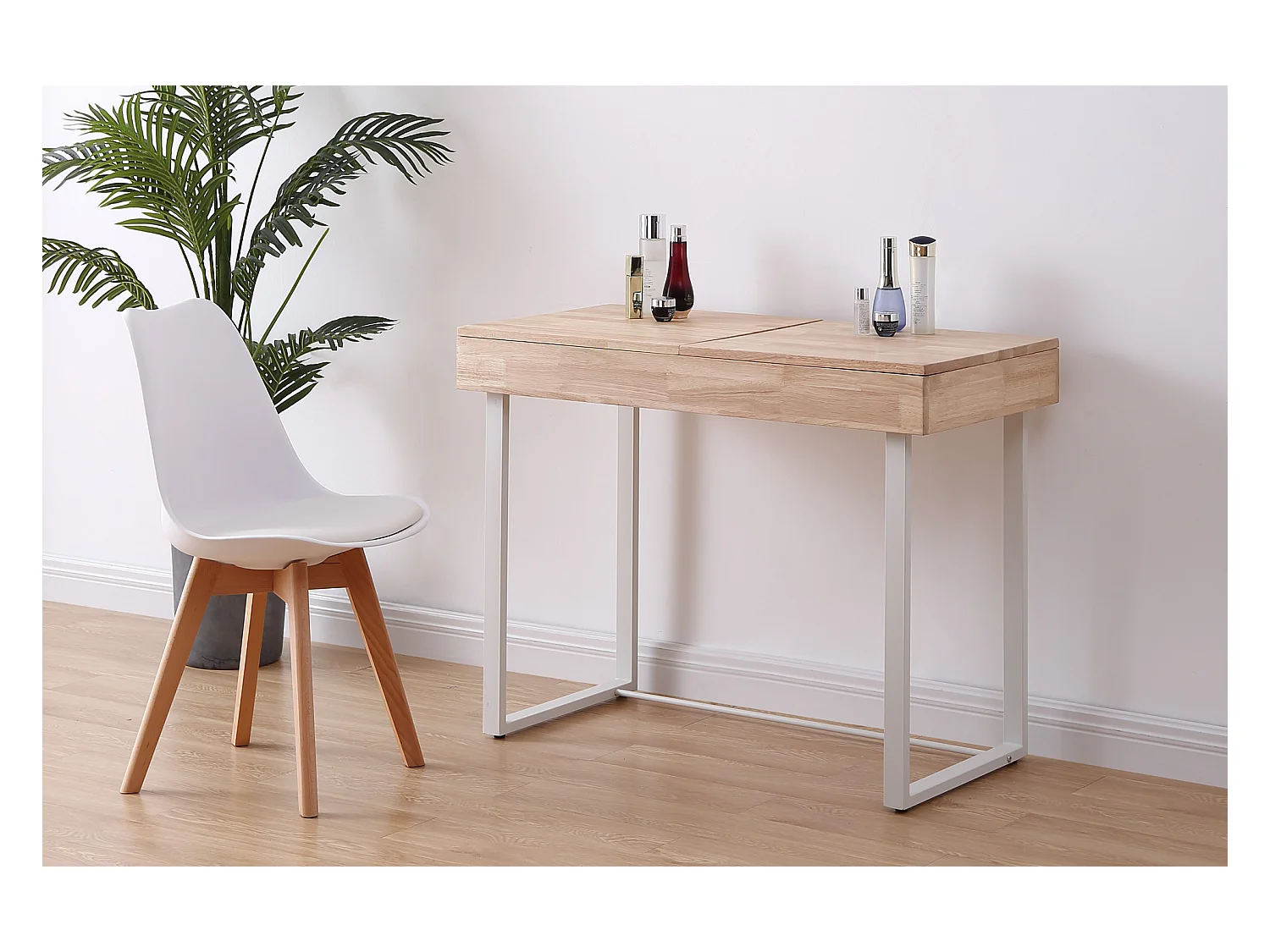 Commode coiffeuse avec miroir en bois et métal coloris naturel /blanc - longueur 100 x profondeur 50 x hauteur 76 cm