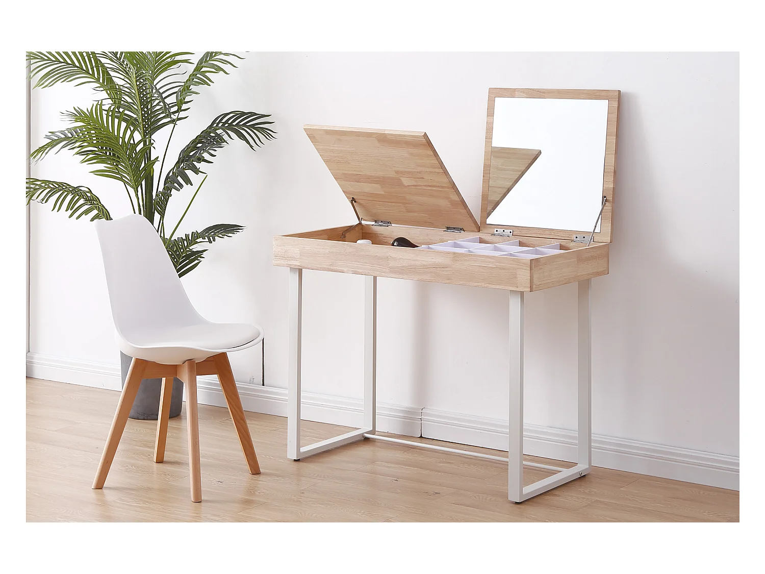 Commode coiffeuse avec miroir en bois et métal coloris naturel /blanc - longueur 100 x profondeur 50 x hauteur 76 cm