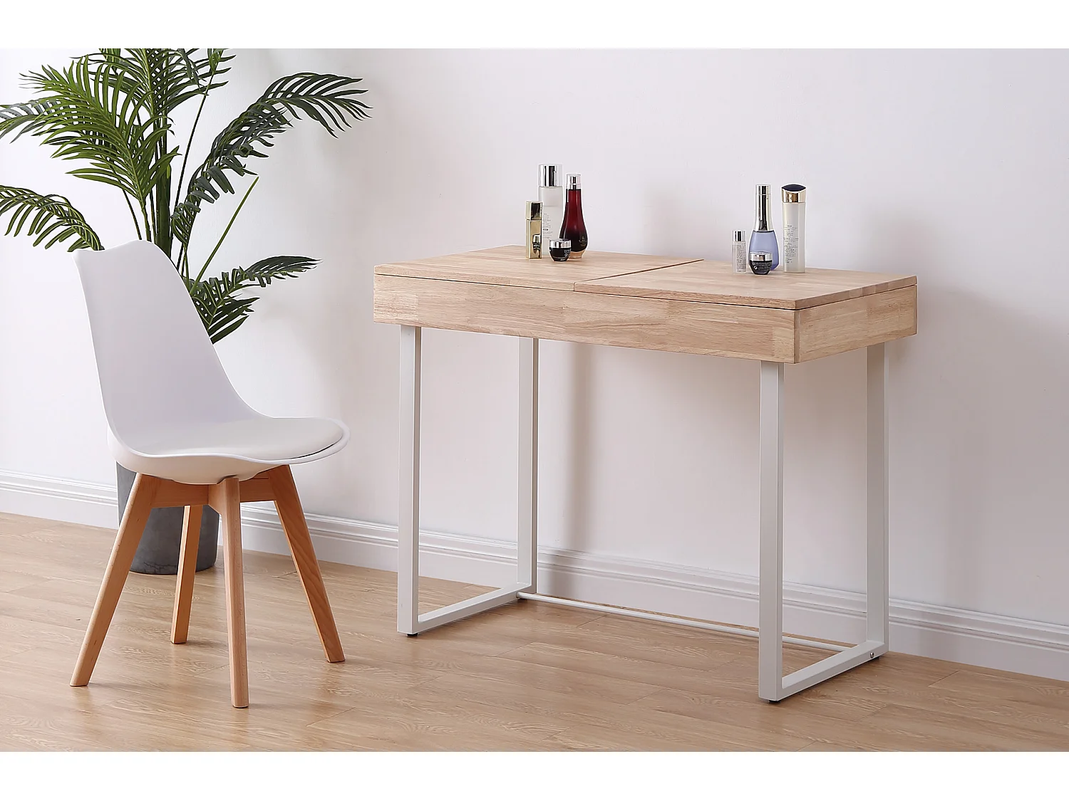 Commode coiffeuse avec miroir en bois et métal coloris naturel /blanc  - longueur 100 x profondeur 50 x hauteur 76 cm