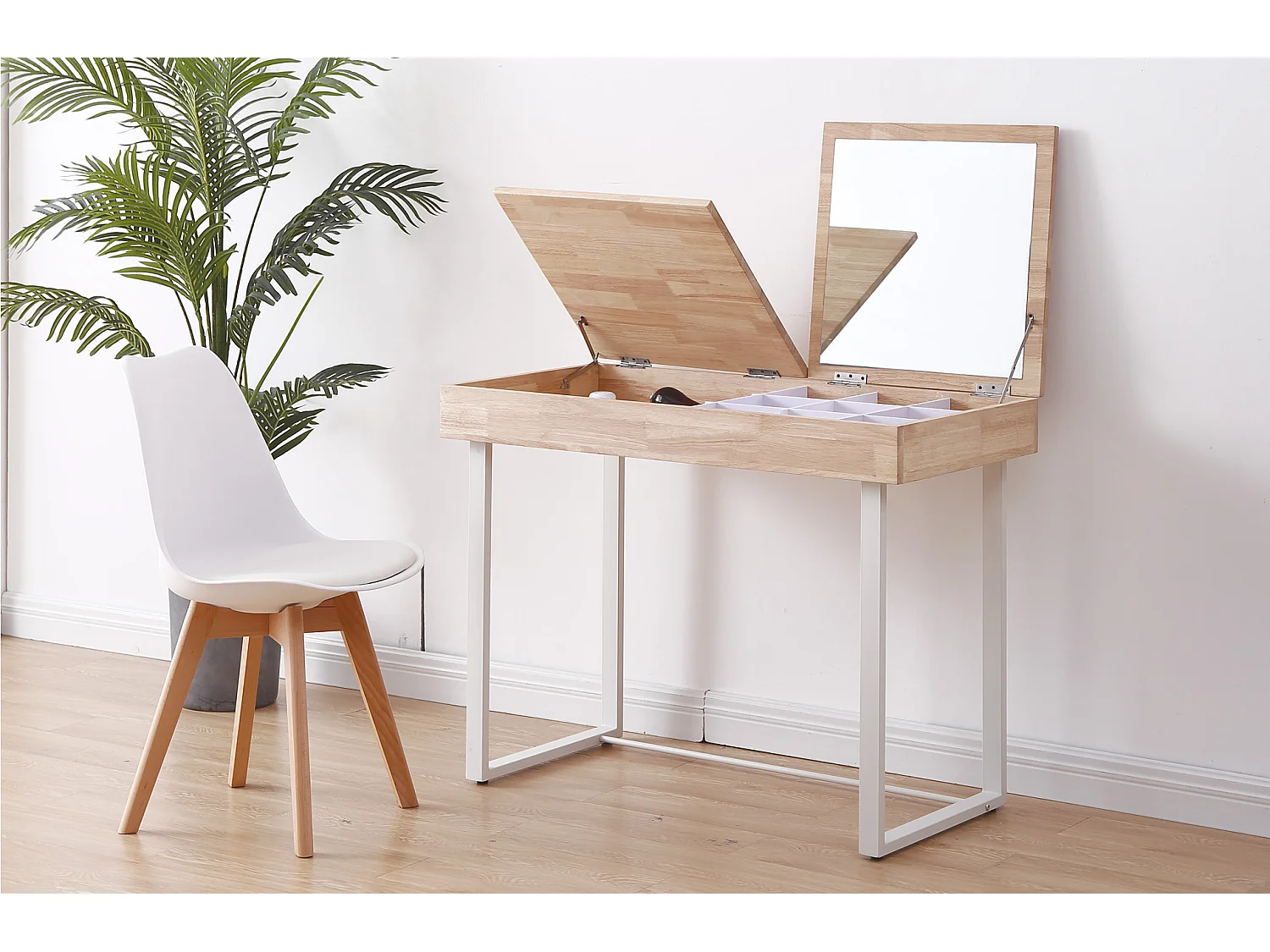 Commode coiffeuse avec miroir en bois et métal coloris naturel /blanc  - longueur 100 x profondeur 50 x hauteur 76 cm