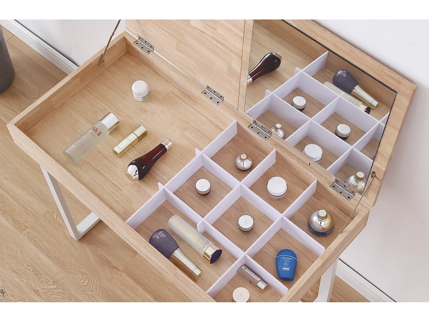 Commode coiffeuse avec miroir en bois et métal coloris naturel /blanc - longueur 100 x profondeur 50 x hauteur 76 cm