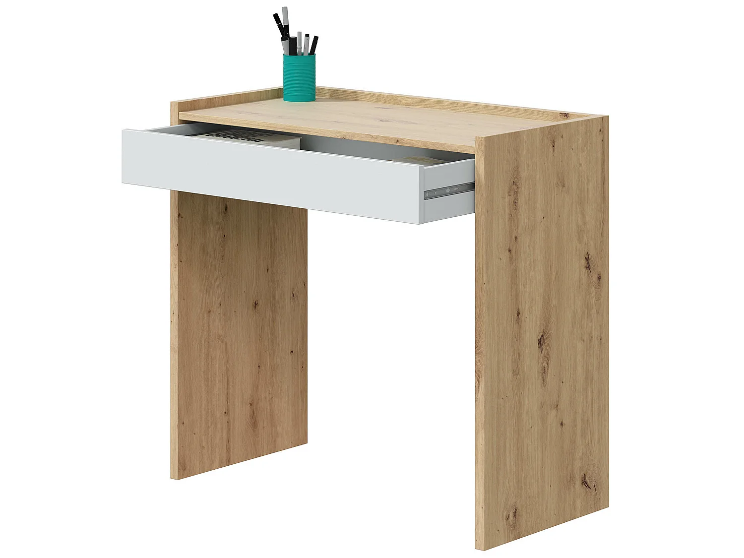 Bureau en mélaminé coloris blanc artik et chêne - Hauteur 81 x Longueur 77 cm x Profondeur 40 cm