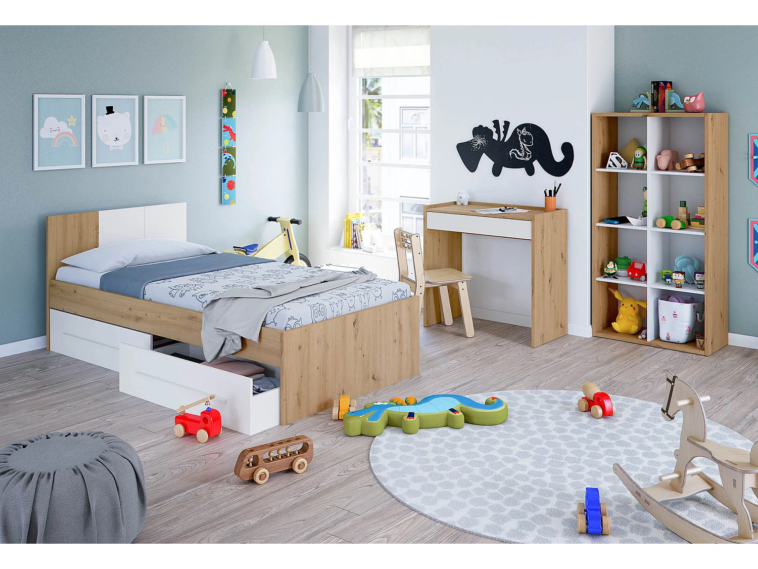 Bureau en mélaminé coloris blanc artik et chêne - Hauteur 81 x Longueur 77 cm x Profondeur 40 cm