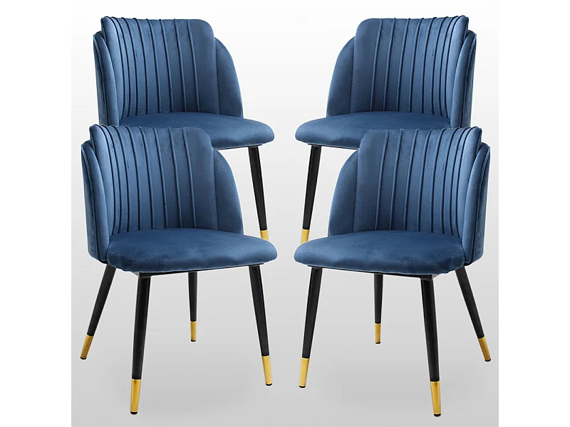 MILANO - Lot de 4 Chaises de Salle à Manger en Velours - Style Vintage - Bleu