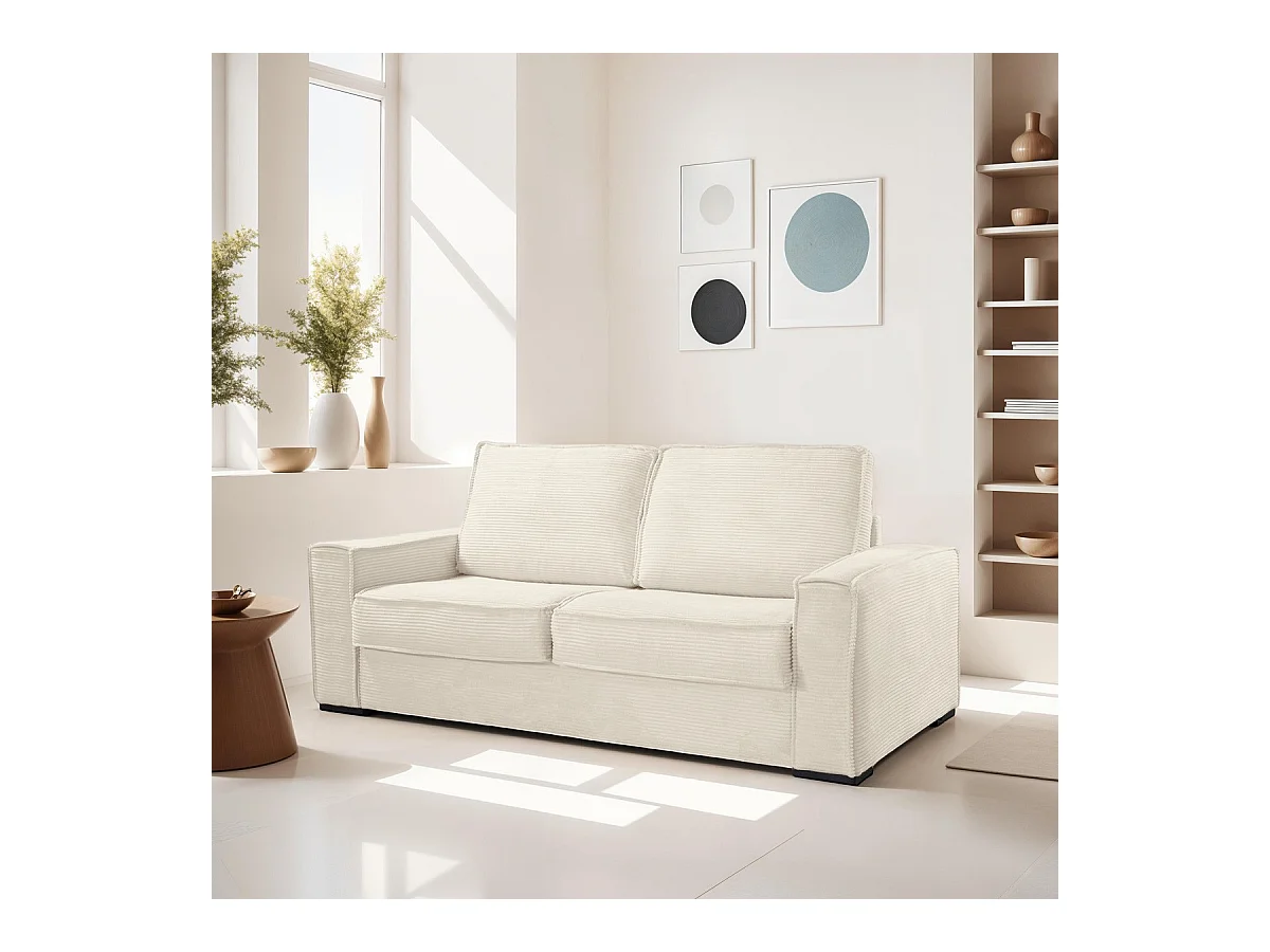 Canapé convertible 3 places en velours côtelé beige - Ouverture express - Couchage quotidien - Matelas HD 140 x 190 - Mattia