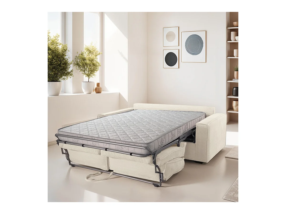 Canapé convertible 3 places en velours côtelé beige - Ouverture express - Couchage quotidien - Matelas HD 140 x 190 - Mattia