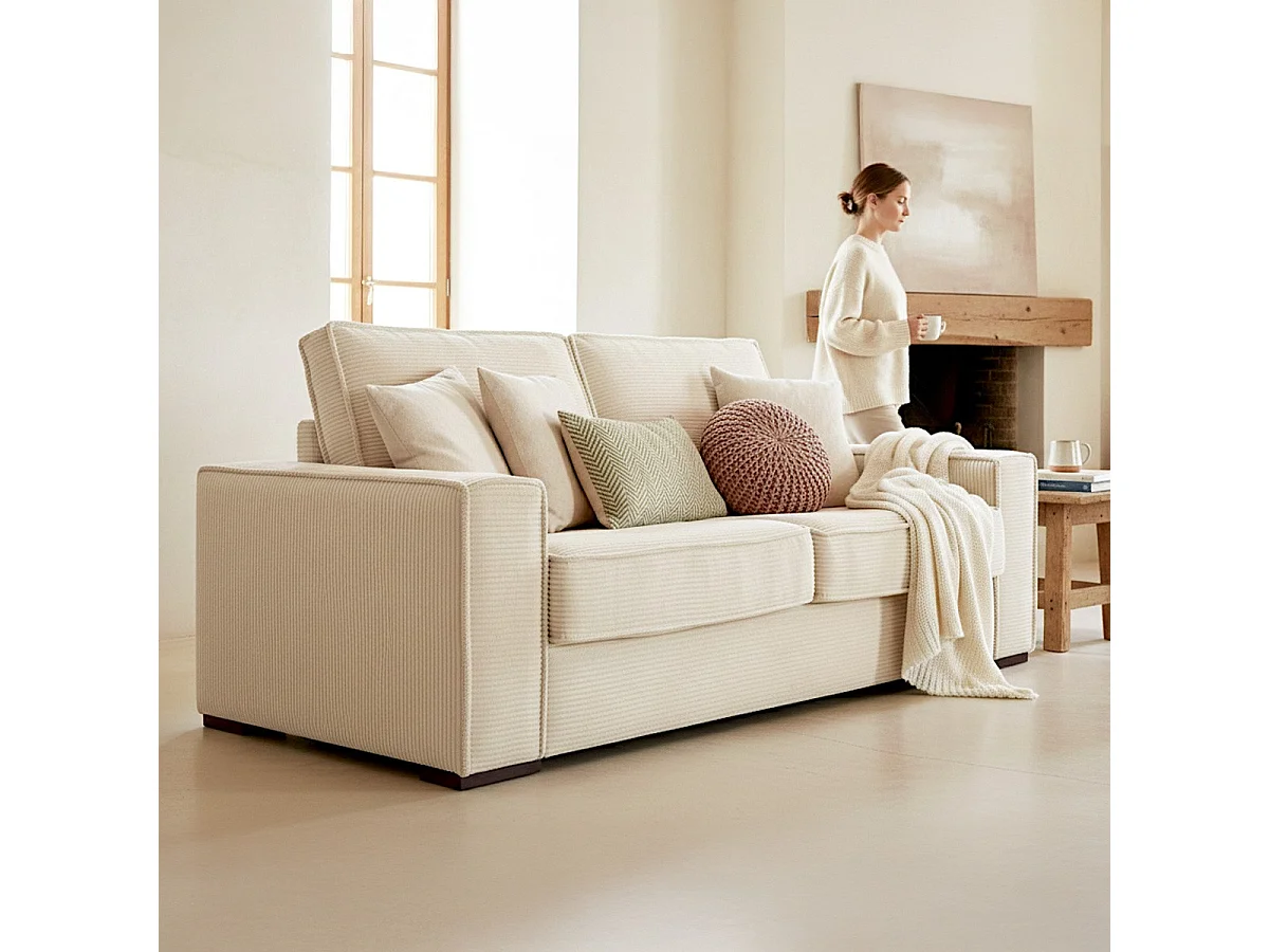 Canapé convertible 3 places en velours côtelé beige - Ouverture express - Couchage quotidien - Matelas HD 140 x 190 - Mattia