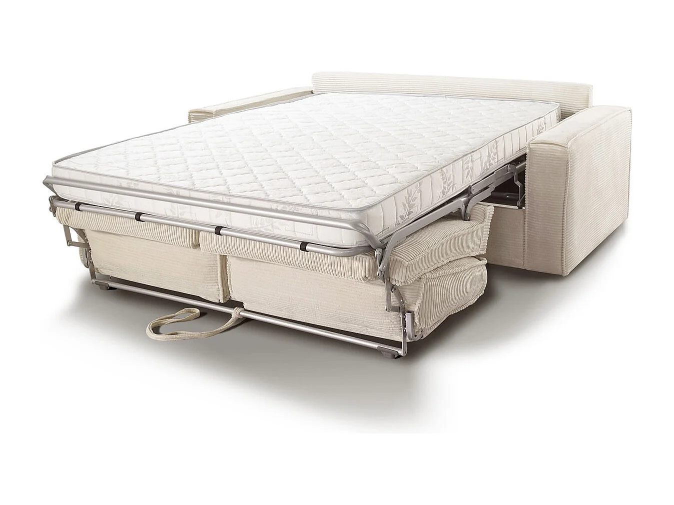 Canapé convertible 3 places en velours côtelé beige - Ouverture express - Couchage quotidien - Matelas HD 140 x 190 - Mattia