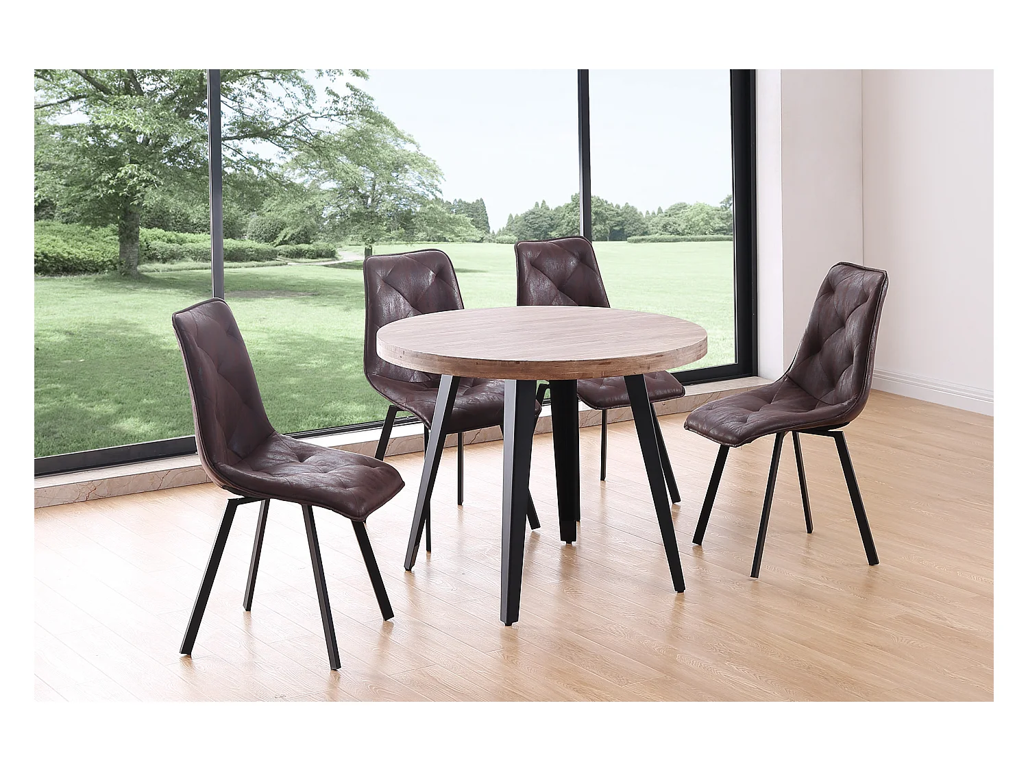 Table à manger ronde en bois coloris chêne miel pieds noir - diamètre 100 x hauteur 76 cm
