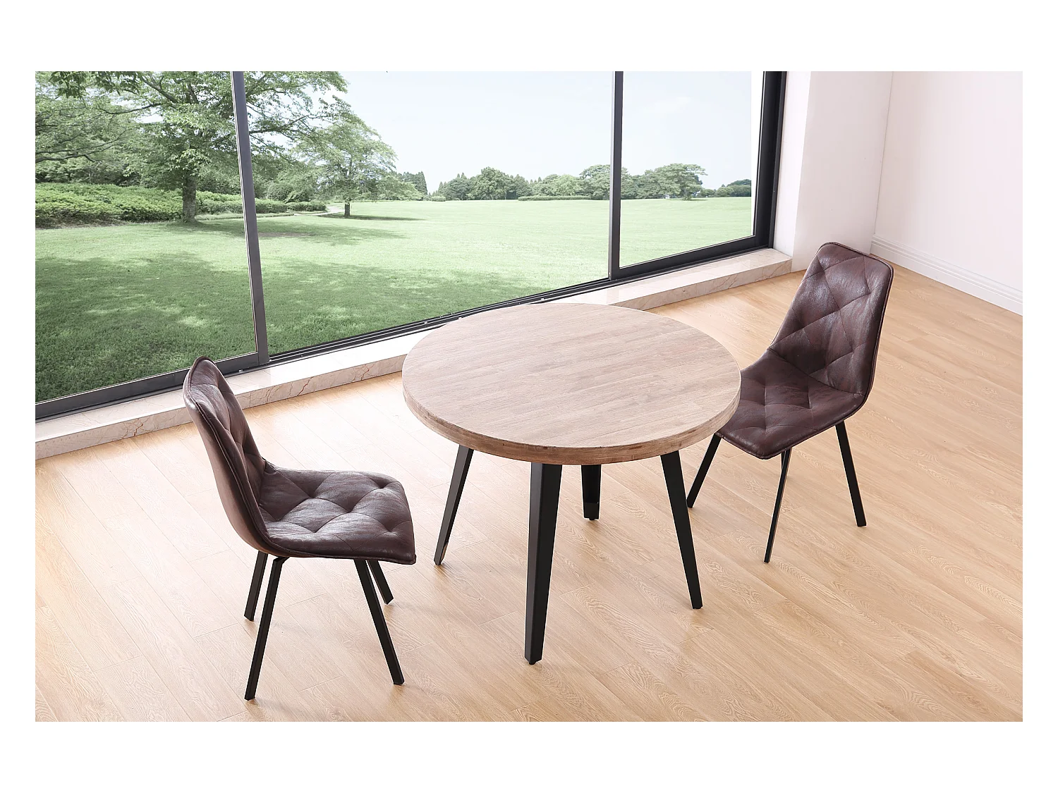 Table à manger ronde en bois coloris chêne miel pieds noir - diamètre 100 x hauteur 76 cm