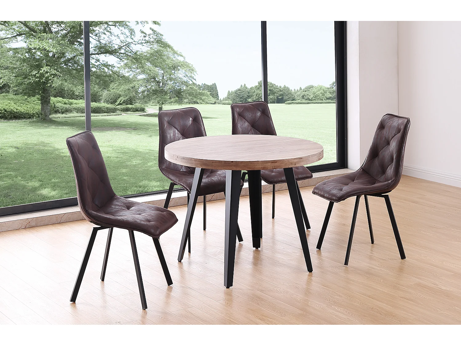 Table à manger ronde en bois coloris chêne miel pieds noir - diamètre 100 x hauteur 76 cm