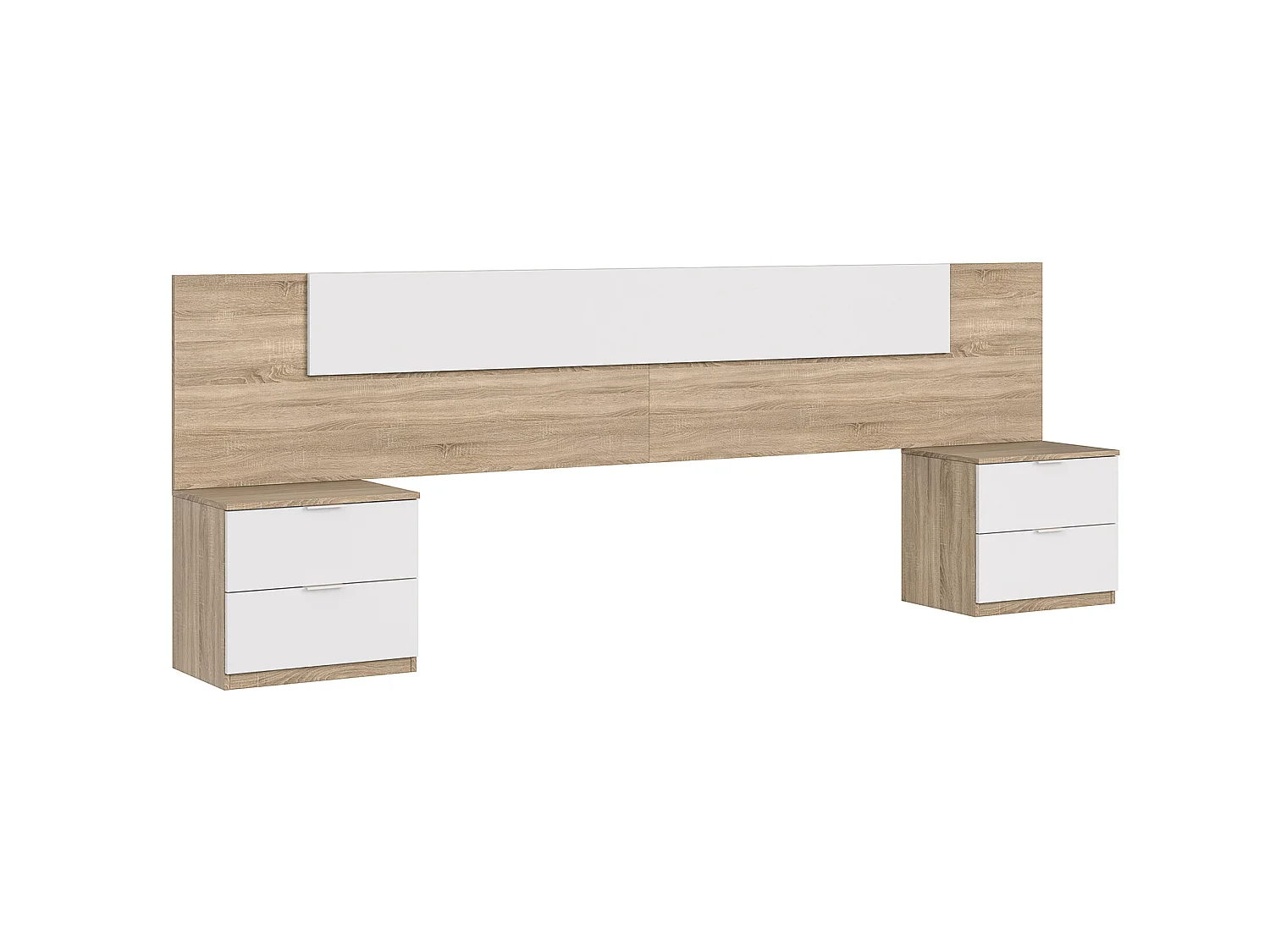 Tête de lit en mélamine avec 2 chevets coloris chêne canadian blanc artik - Hauteur 95 x Longueur 247 cm x Profondeur 38 cm