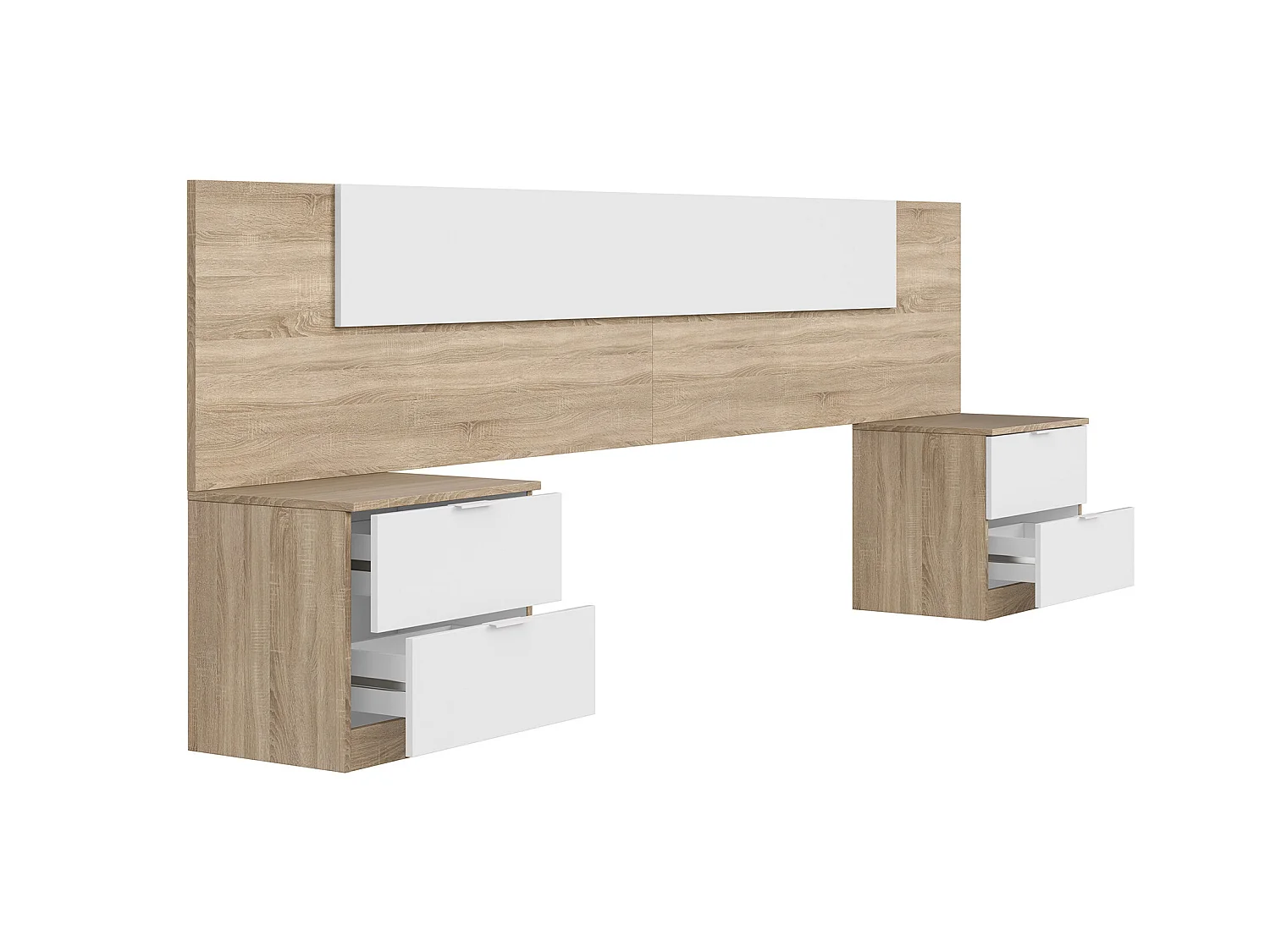 Tête de lit en mélamine avec 2 chevets coloris chêne canadian blanc artik - Hauteur 95 x Longueur 247 cm x Profondeur 38 cm