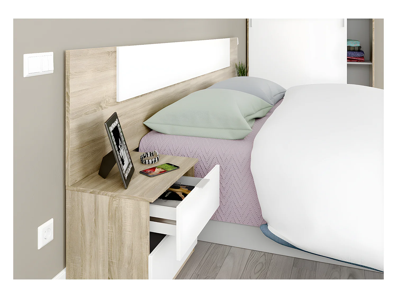 Tête de lit en mélamine avec 2 chevets coloris chêne canadian blanc artik - Hauteur 95 x Longueur 247 cm x Profondeur 38 cm