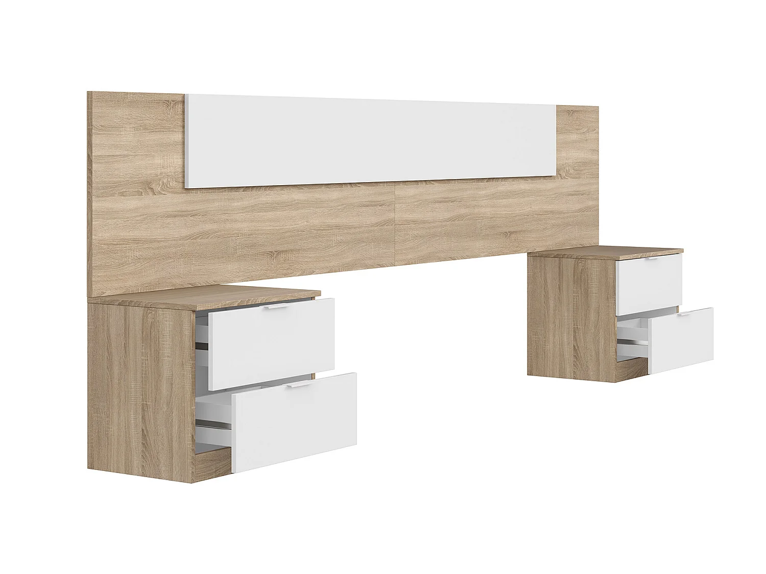 Tête de lit en mélamine avec 2 chevets coloris chêne canadian blanc artik - Hauteur 95 x Longueur 247 cm x Profondeur 38 cm