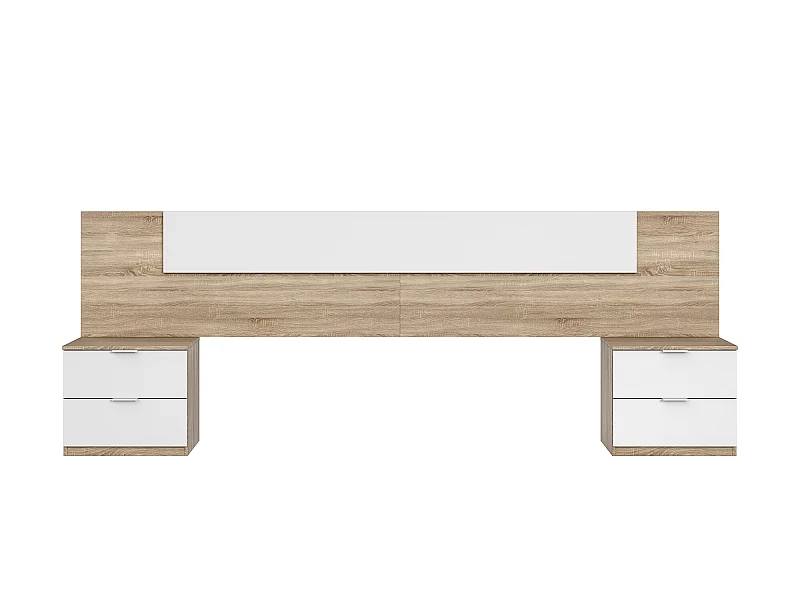 Tête de lit en mélamine avec 2 chevets coloris chêne canadian blanc artik - Hauteur 95 x Longueur 247 cm x Profondeur 38 cm