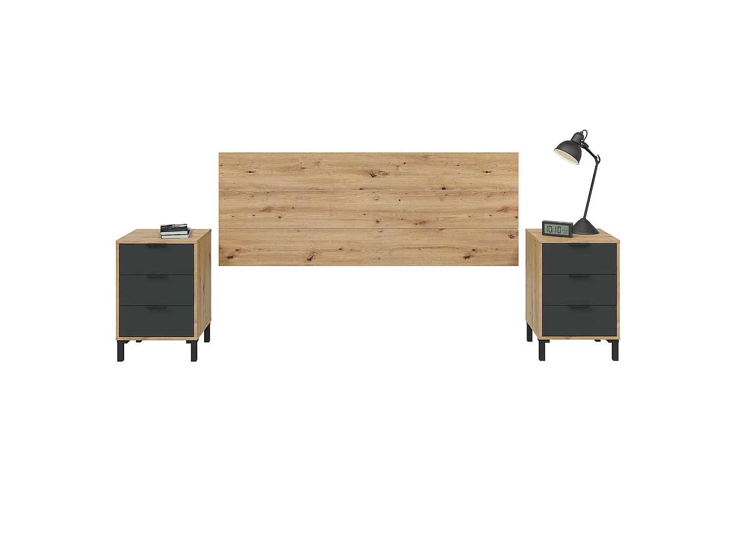 Tête de lit en mélamine avec 2 chevets coloris chêne gris anthracite - Hauteur 101 x Longueur 240 cm x Profondeur 33 cm