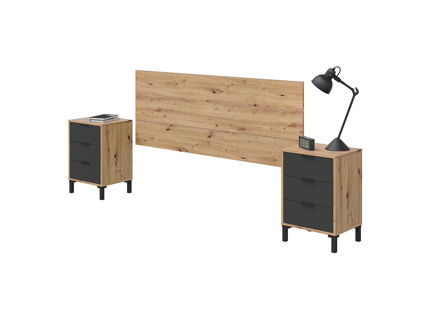 Tête de lit en mélamine avec 2 chevets coloris chêne gris anthracite - Hauteur 101 x Longueur 240 cm x Profondeur 33 cm