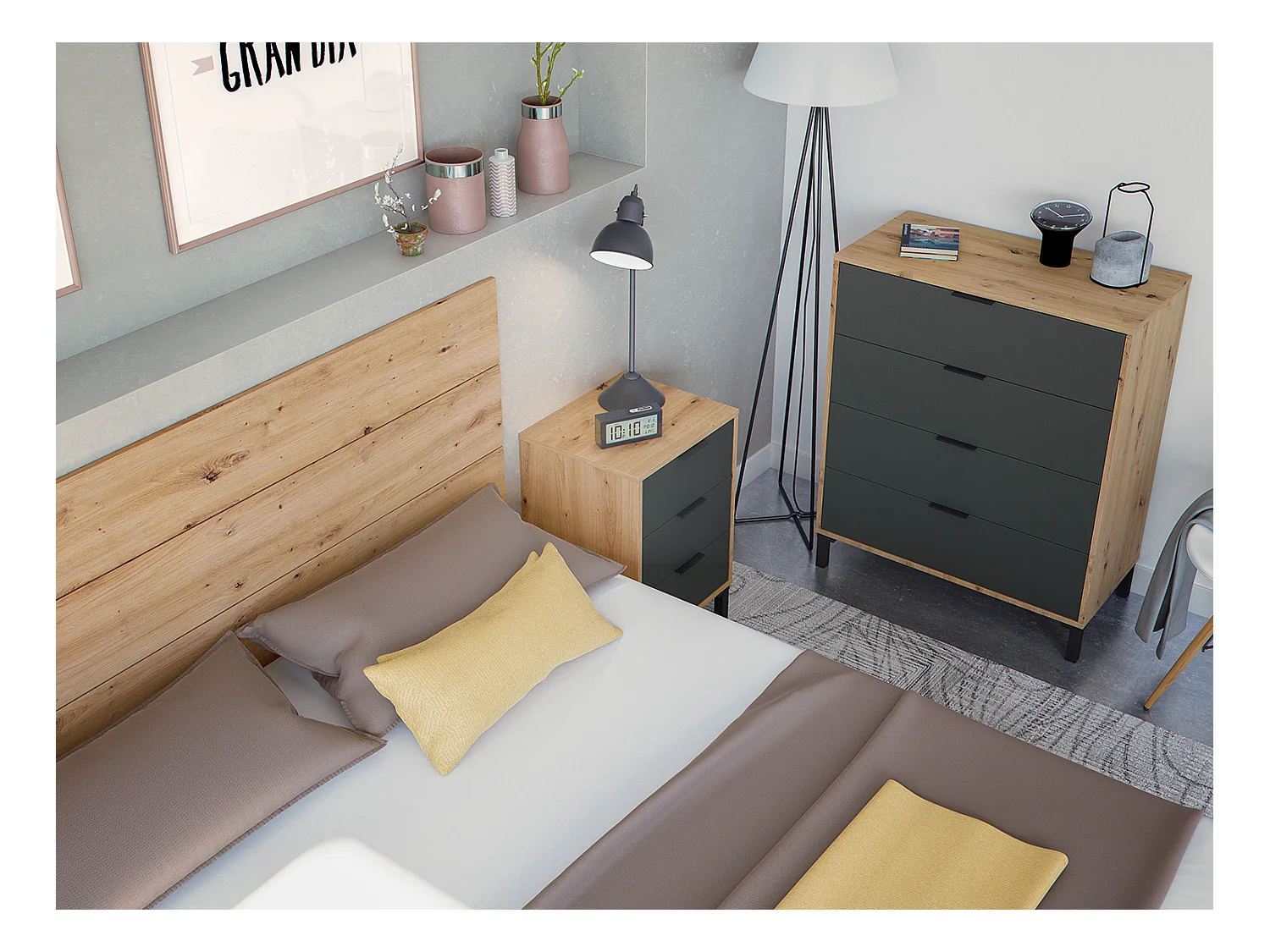 Tête de lit en mélamine avec 2 chevets coloris chêne gris anthracite - Hauteur 101 x Longueur 240 cm x Profondeur 33 cm