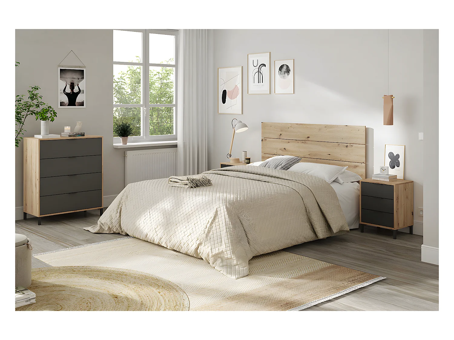 Tête de lit en mélamine avec 2 chevets coloris chêne gris anthracite - Hauteur 101 x Longueur 240 cm x Profondeur 33 cm
