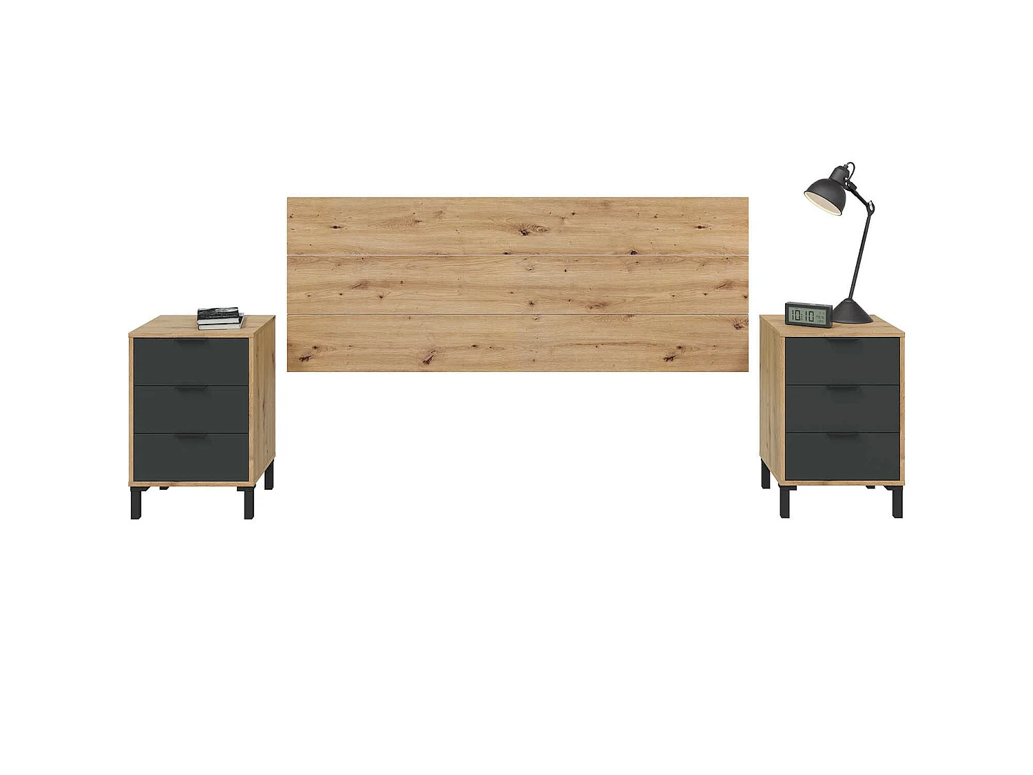 Tête de lit en mélamine avec 2 chevets coloris chêne gris anthracite - Hauteur 101 x Longueur 240 cm x Profondeur 33 cm