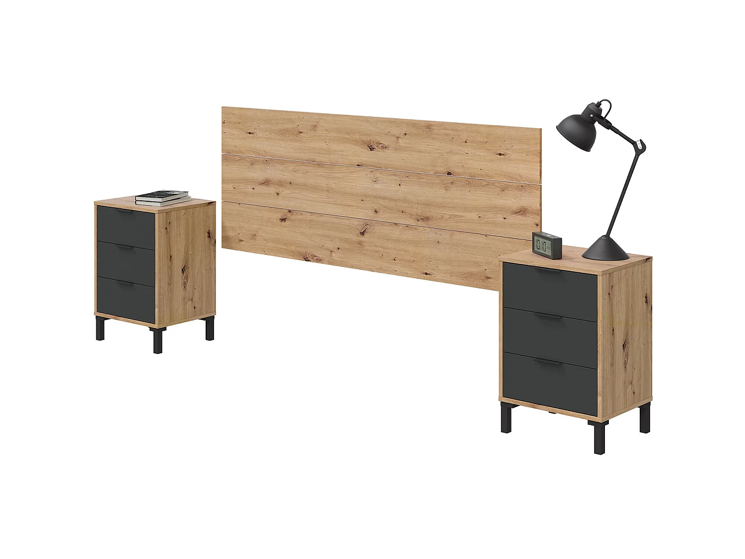 Tête de lit en mélamine avec 2 chevets coloris chêne gris anthracite - Hauteur 101 x Longueur 240 cm x Profondeur 33 cm