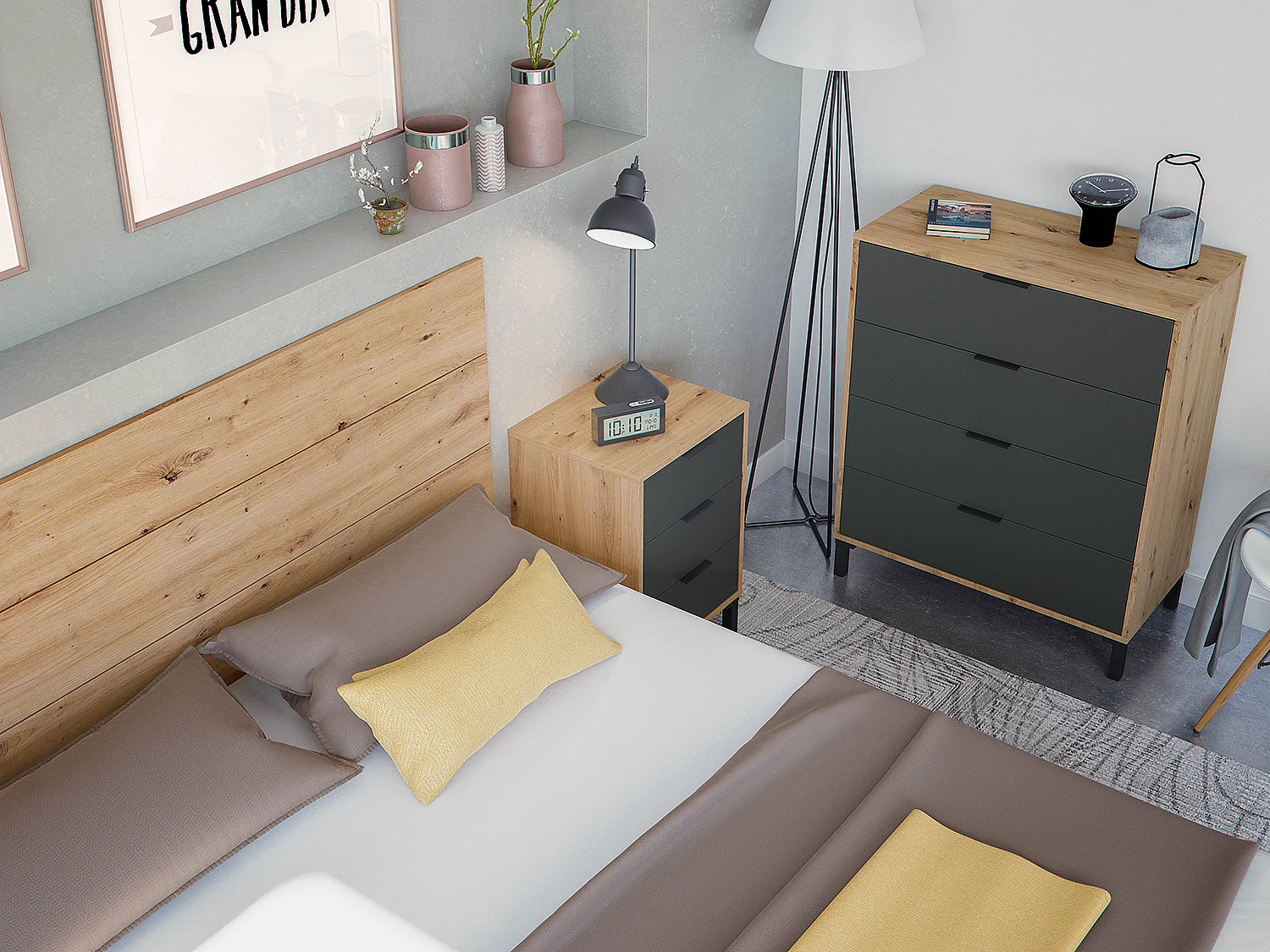 Tête de lit en mélamine avec 2 chevets coloris chêne gris anthracite - Hauteur 101 x Longueur 240 cm x Profondeur 33 cm