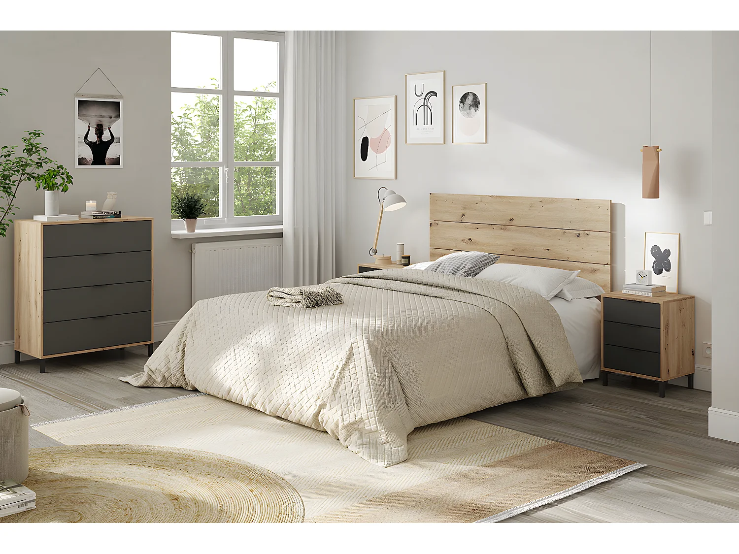 Tête de lit en mélamine avec 2 chevets coloris chêne gris anthracite - Hauteur 101 x Longueur 240 cm x Profondeur 33 cm