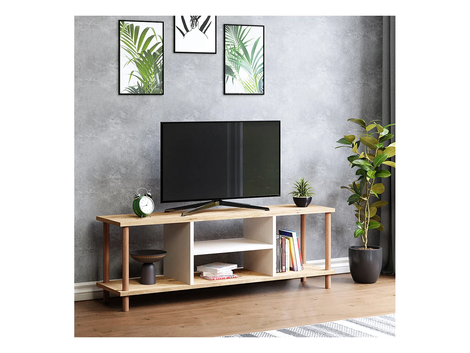 Meuble TV Ærøskøbing avec espace de rangement 43 x 120 x 29 cm effet bois / blanc [en.casa]